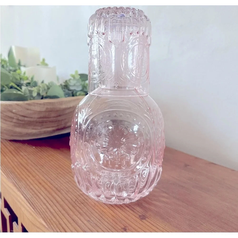 Embossed Bedside Water Carafe Glass Set  Pink